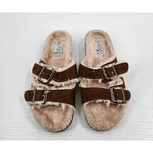 Rouge Helium Brown Faux Fur Lined 2 Adj Buckle Strap Closure Slip-on Sandals 8